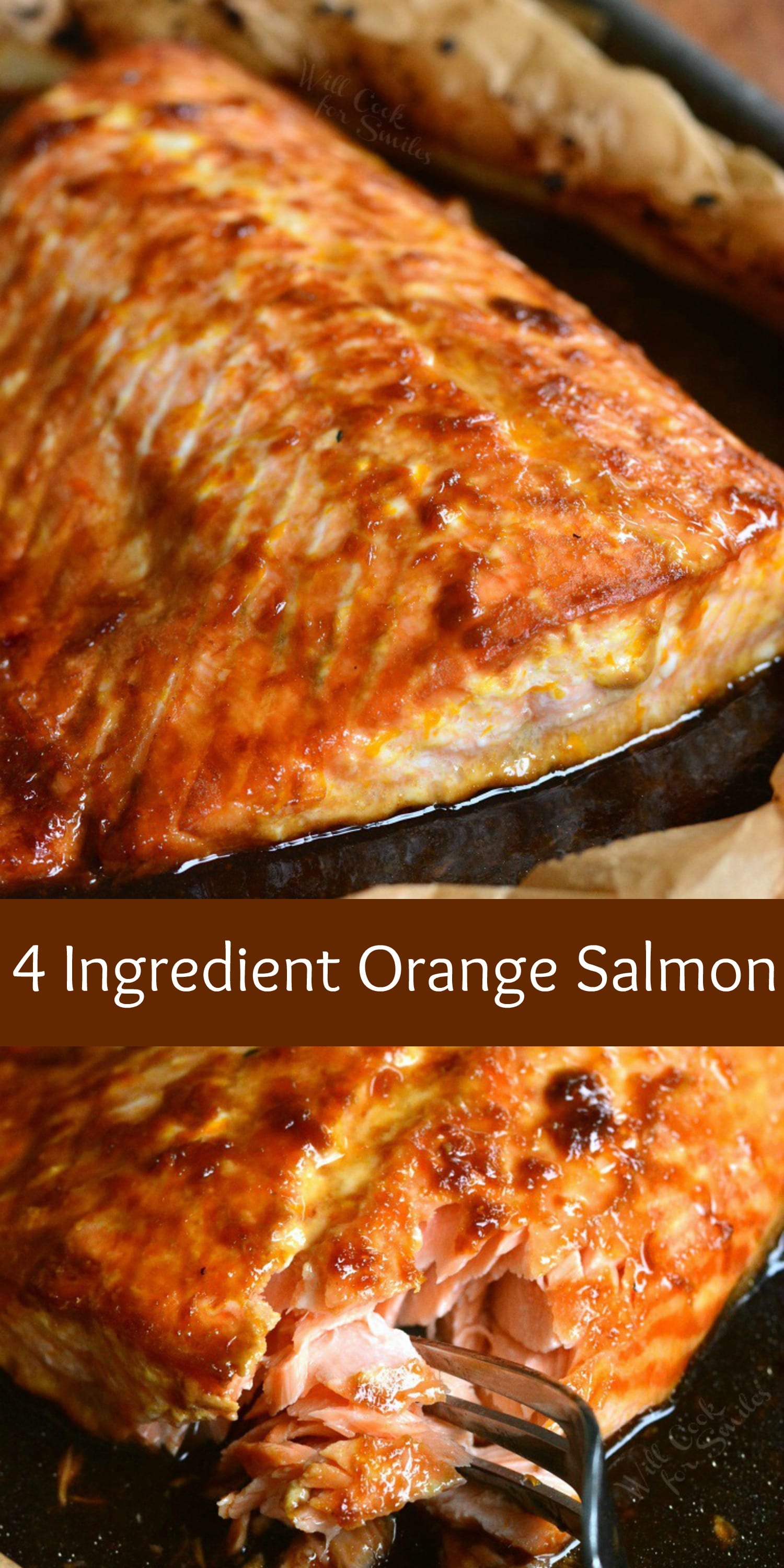 4-Ingredient Orange Salmon in butcher paper on a baking sheet collage