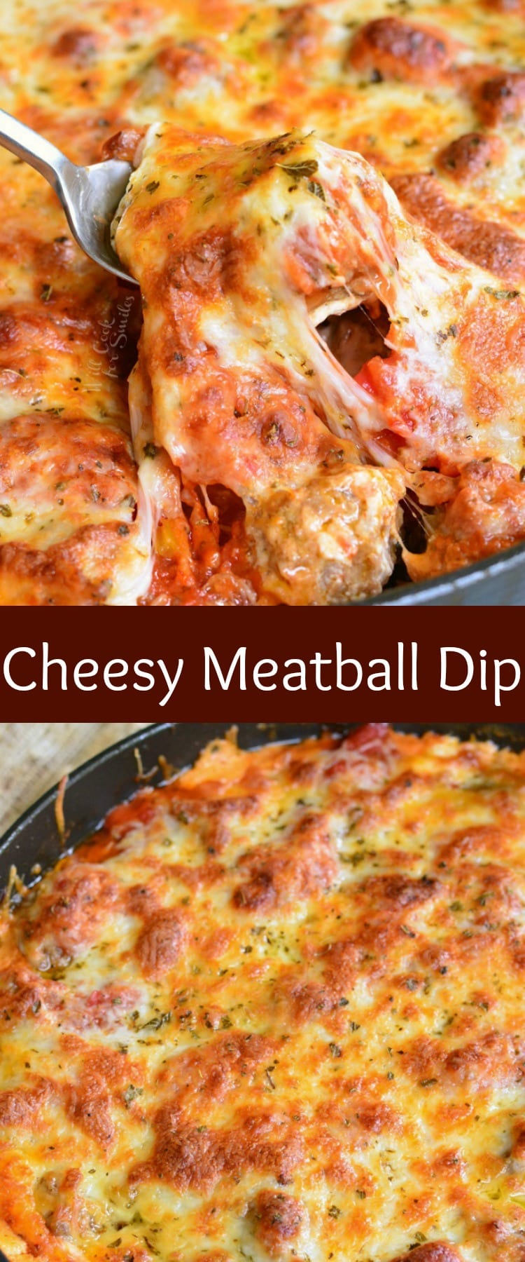 Cheesy Meatball Dip. Amazing hot dip recipe made with homemade, bite-sized meatballs and layers of marinara sauce, cream cheese mixture, veggies, and more cheese. You will fall in love with each creamy, cheesy, meatball filled bite! #dip #hotdip #cheesedip #groundbeef #meatballs #appetizer