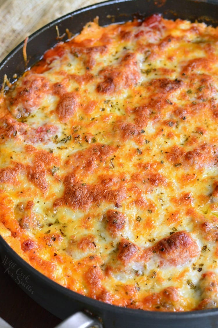 Cheesy Meatball Dip recipe in a pan 