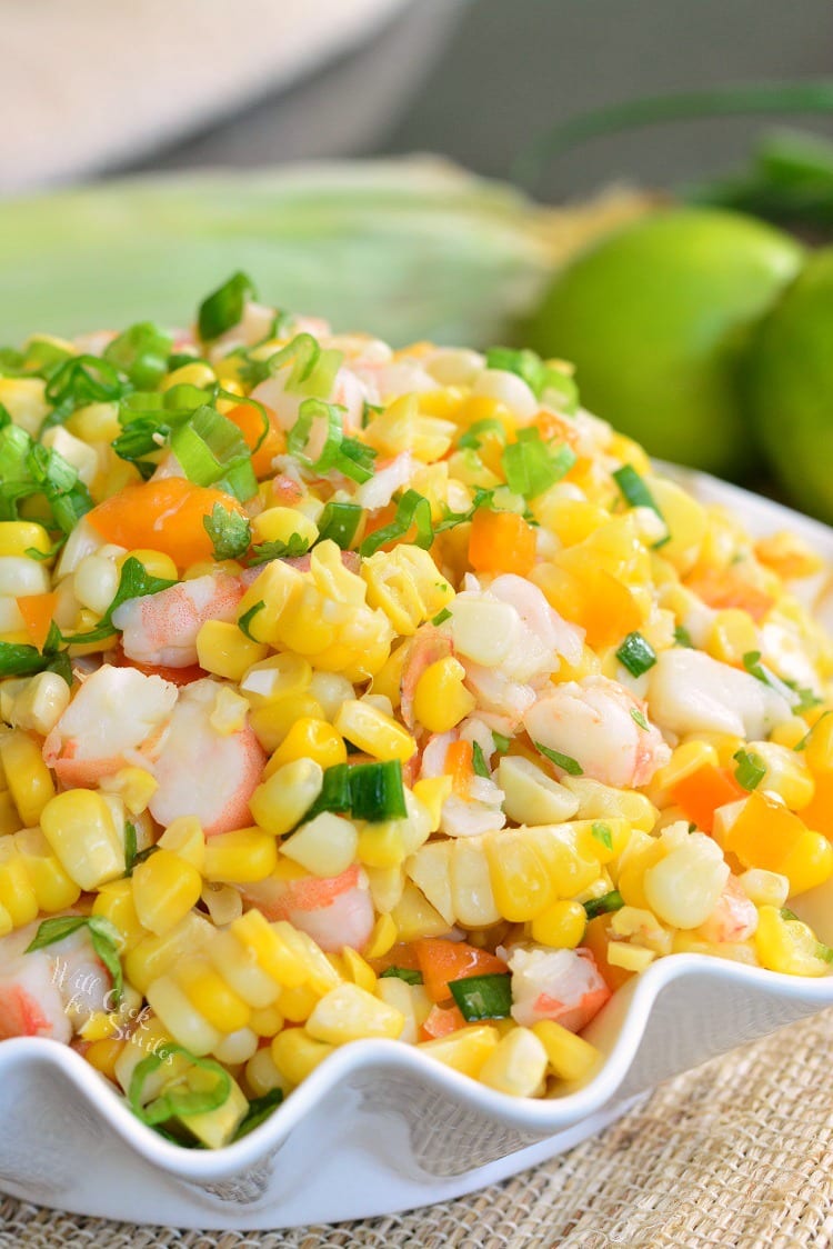 Cilantro Lime Shrimp Corn Salad. Wonderful corn salad made with shrimp, sweet bell peppers, shallots, and fresh cilantro and lime flavors. It can be simply cooked on stove top or the grill. #cornsalad #shrimp #sidedish #salad #corn #bbq #cookout #potluck