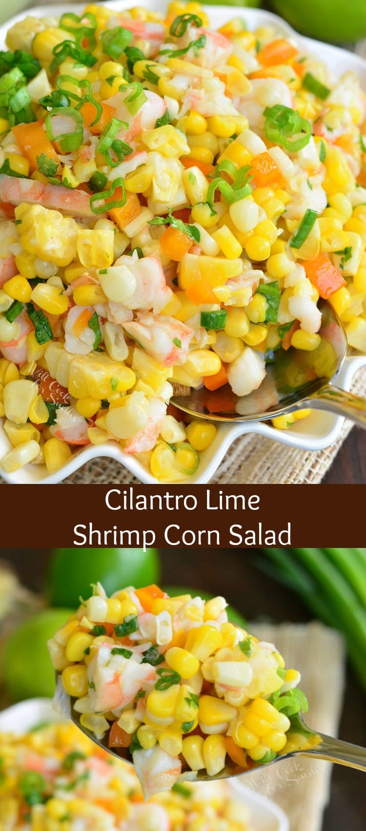 Cilantro Lime Shrimp Corn Salad in a bowl  and a serving spoon scooping out salad collage 
