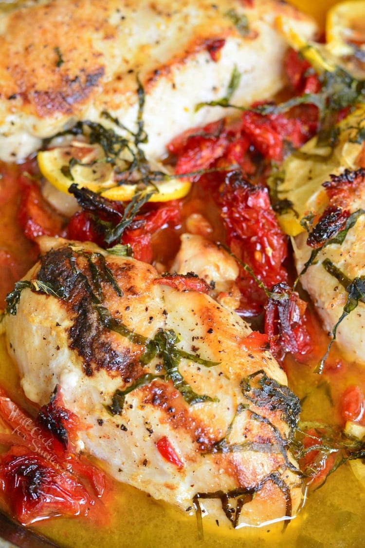 Sun-Dried Tomato Lemon Baked Chicken in a pan 