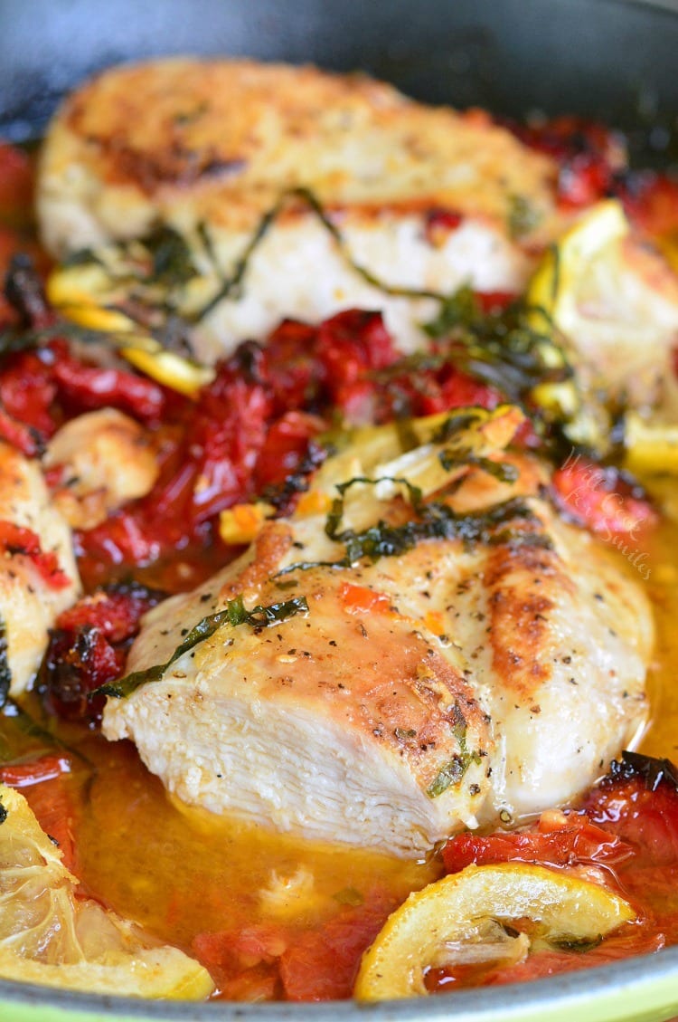 Sun-Dried Tomato Lemon Baked Chicken in a pan