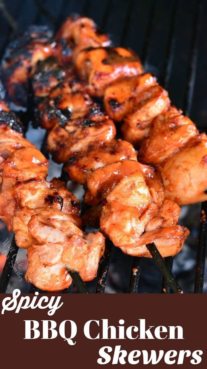 Grilled Spicy BBQ Chicken Skewers on the grill 