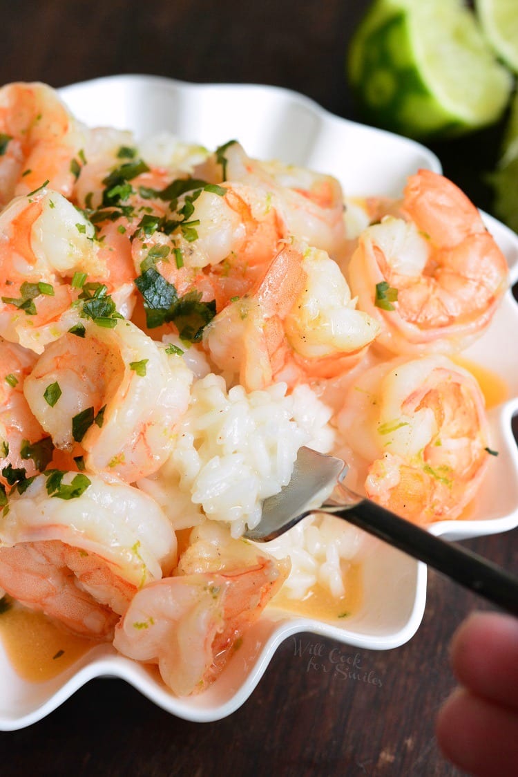 Key Lime Coconut Shrimp and Coconut Rice in a serving bowl 