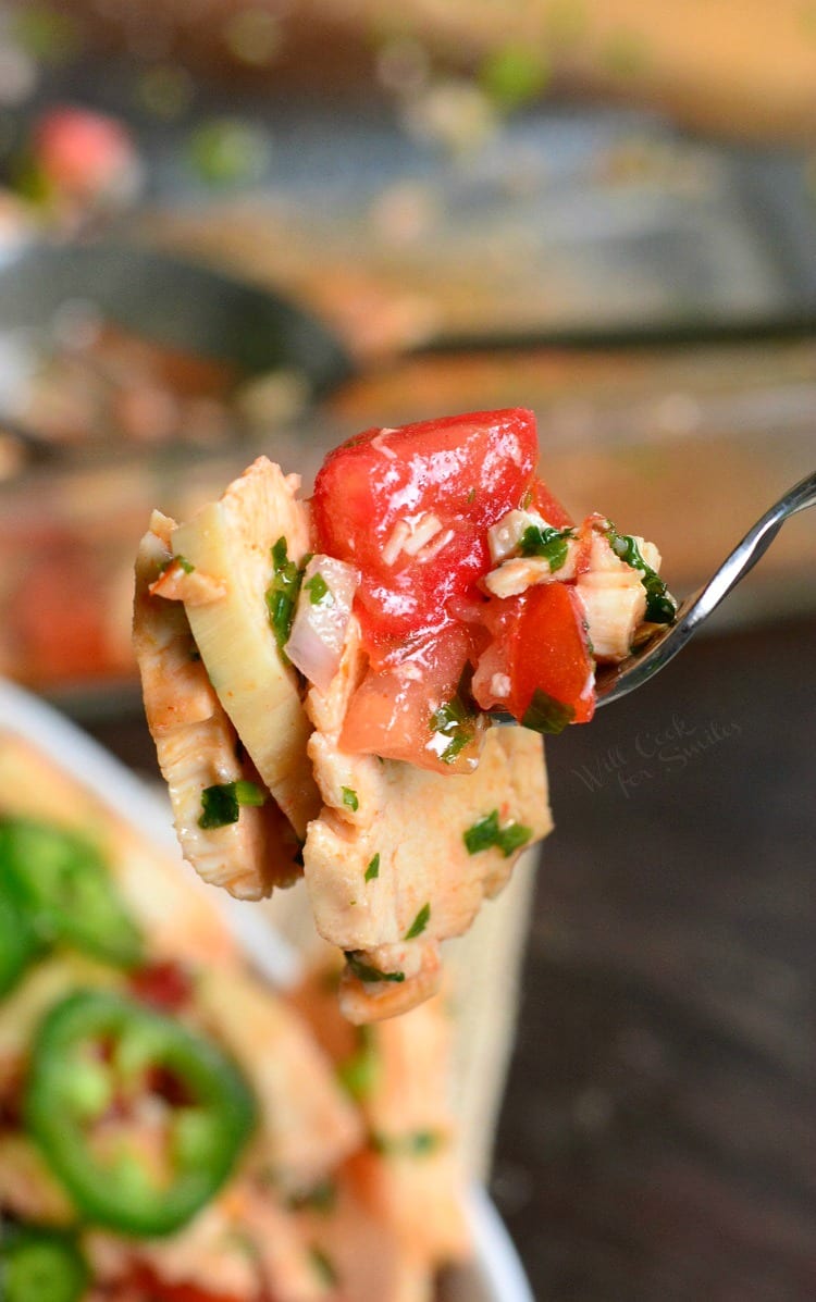 Spicy Mexican Chicken Salad on a fork 