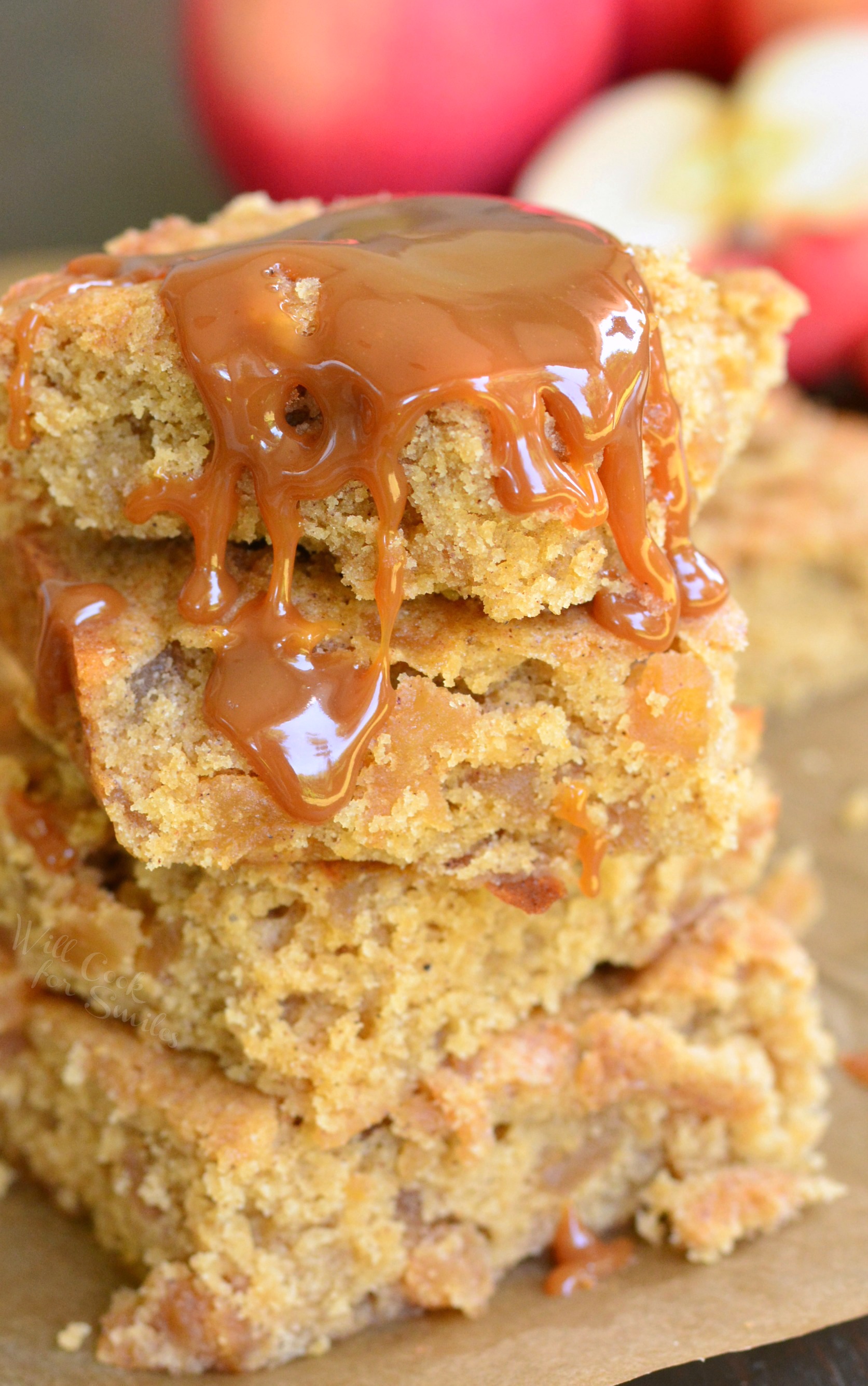 Apple Pie Blondies stacked up with caramel on top 