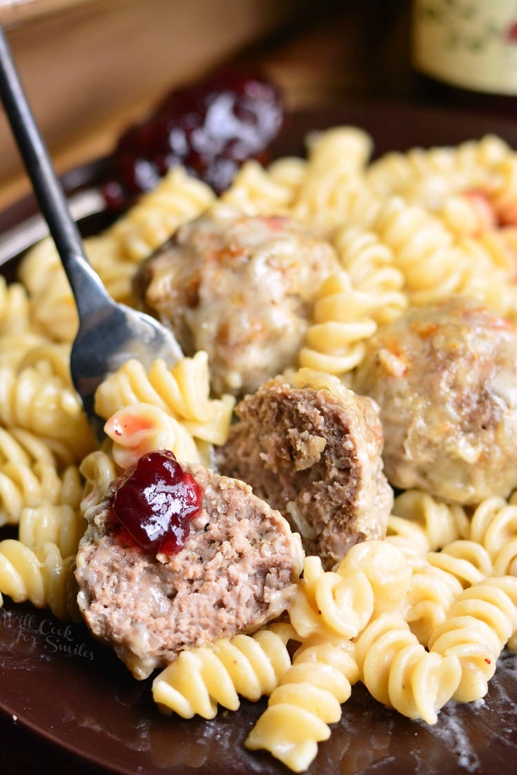Swedish Meatballs Pasta Casserole on a plate with a fork 