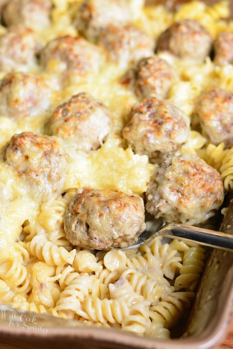 Swedish Meatballs Pasta Casserole in a casserole dish 