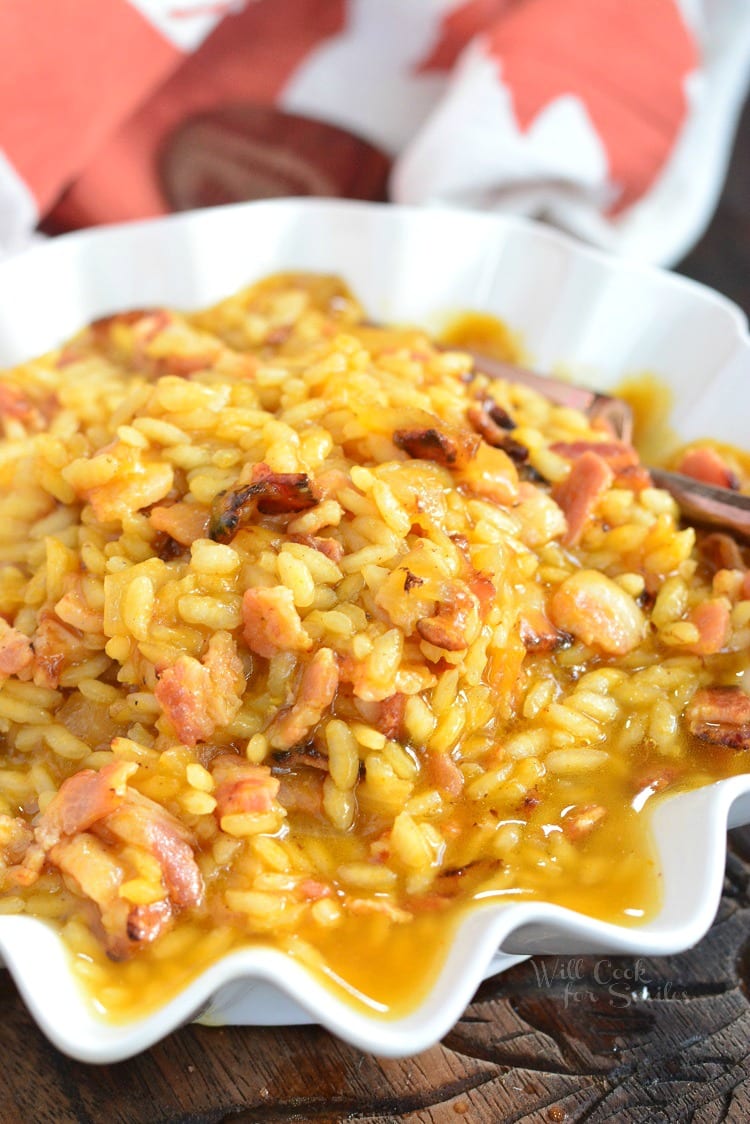 Bacon Onion and Pumpkin Risotto Recipe in a bowl 