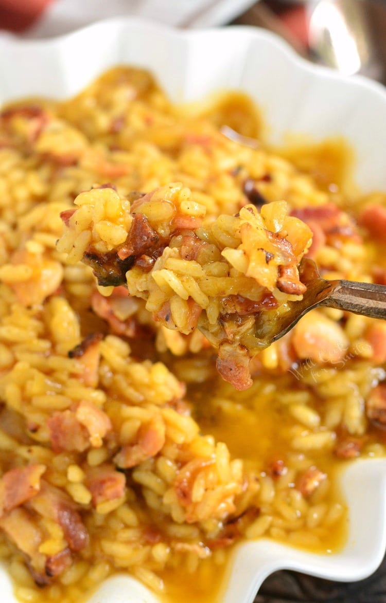 Bacon Onion and Pumpkin Risotto Recipe with a scoop taken out on a fork 