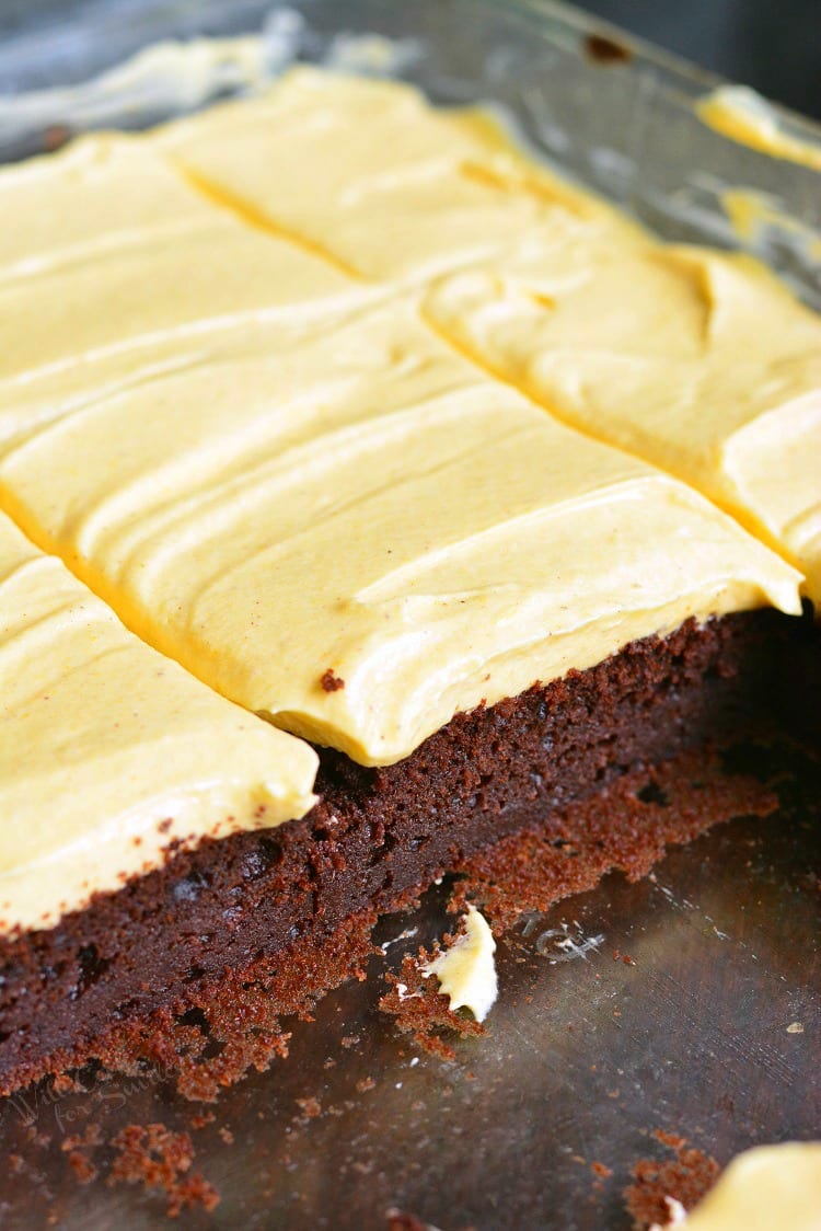 Pumpkin brownies in a baking dish 