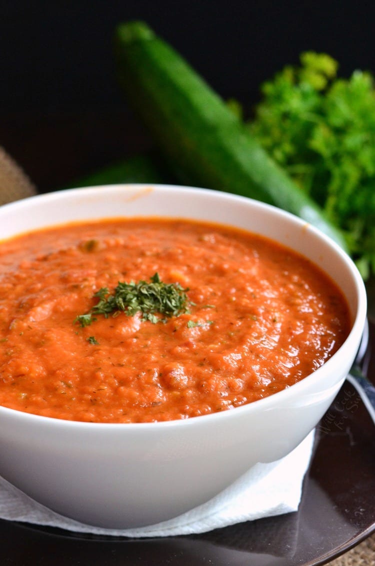 Zucchini Tomato Soup Recipe in a bowl 