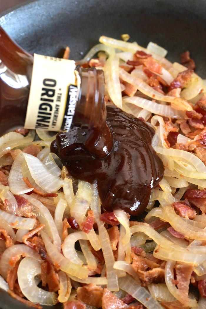 pouring bbq over onions and bacon