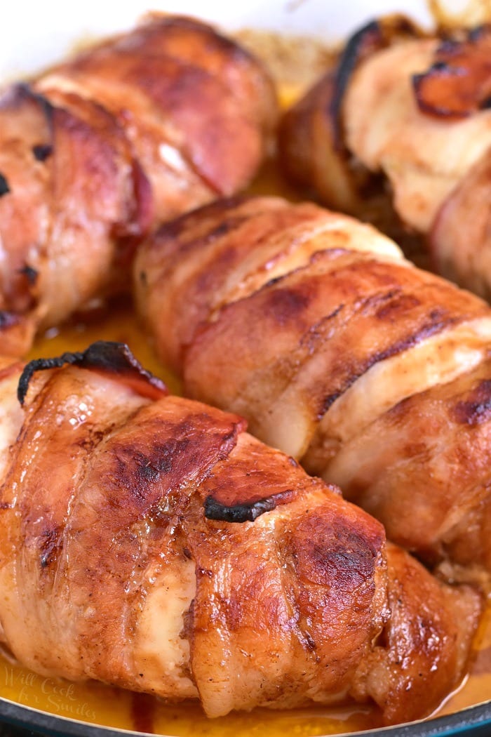 Bacon Wrapped BBQ Stuffed Chicken Breasts recipe cooked in a pan 