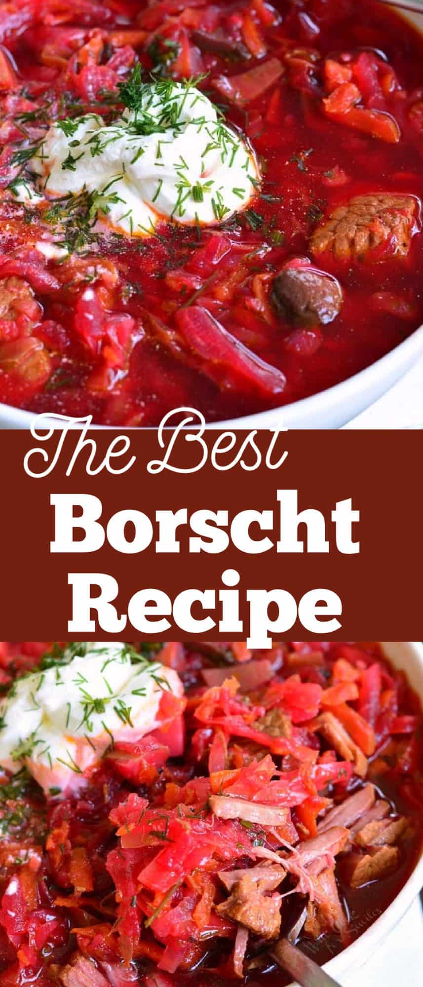 collage image of two closeups of Borscht soup in a bowl and spooning some soup
