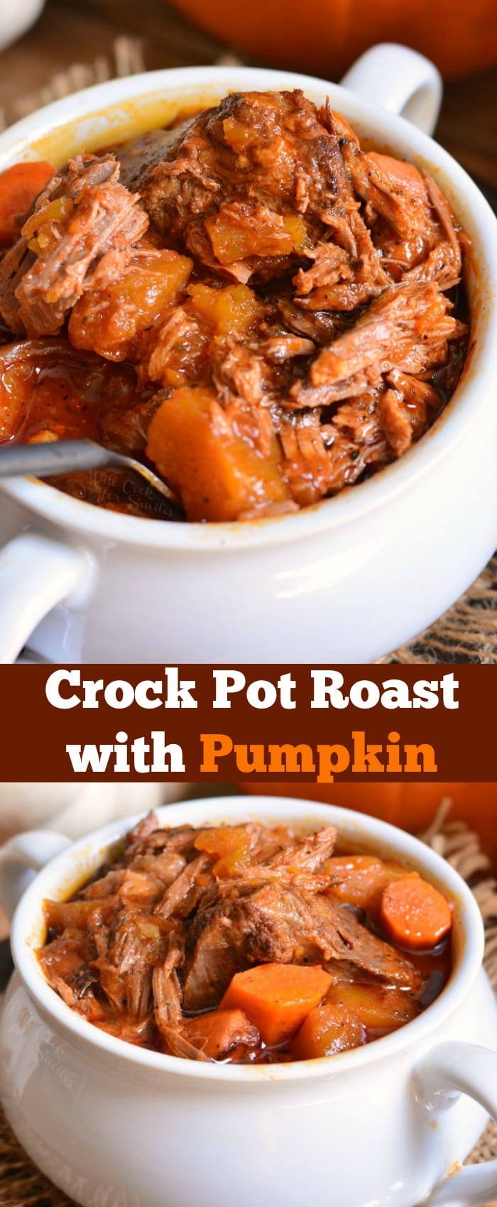 Crock Pot Roast with pumpkin in a bowl collage 