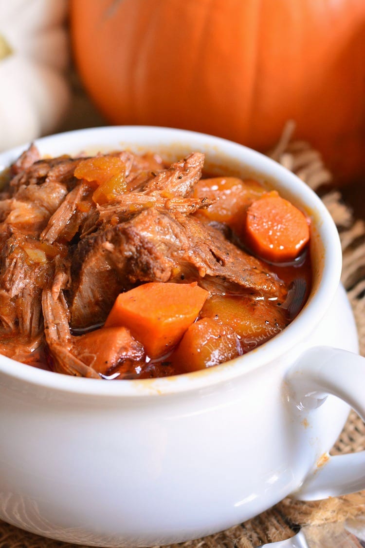 Pot Roast in a Crock Pot made with pumpkin in a bowl 