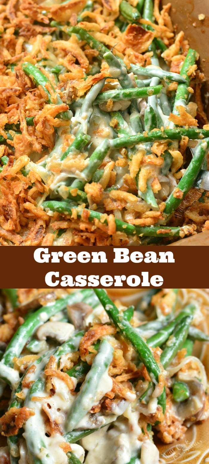 collage of two close up images of scooping out green bean casserole and on the plate