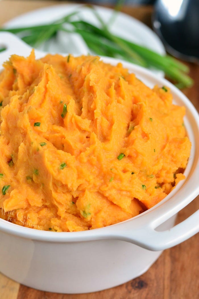 Mashed Sweet Potatoes in a serving dish 