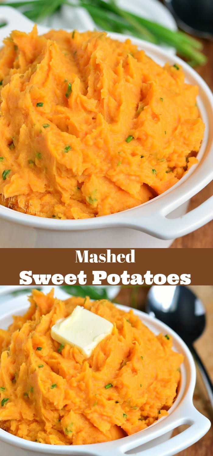 Mashed Sweet Potatoes in a serving bowl collage 