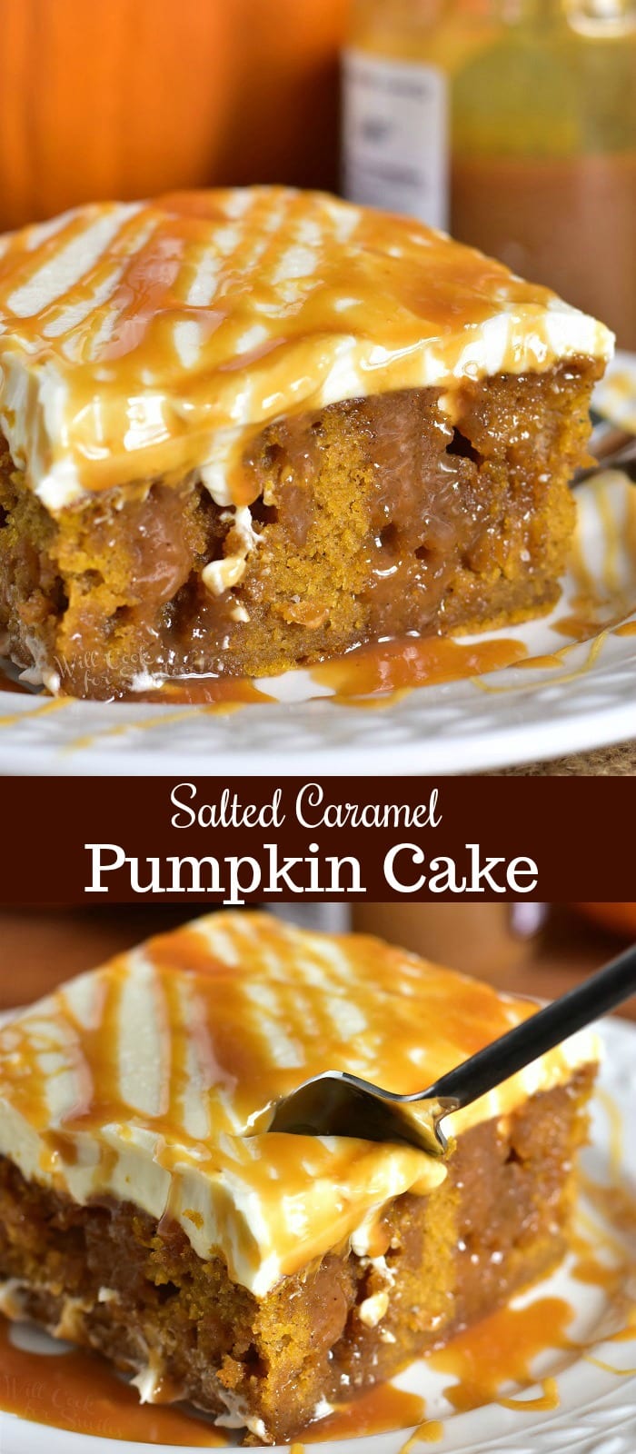 Salted Caramel Pumpkin Cake Recipe. Soft, moist pumpkin cake soaked with salted caramel and topped with smooth cream cheese frosting. This pumpkin cake is paired beautifully with salted caramel flavors and creamy frosting in each bite. #cake #Pumpkin #pumpkincake #caramelcake #saltedcaramel