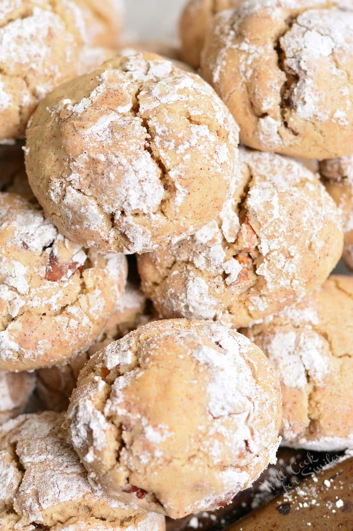 Soft Maple Pecan Cream Cheese Cookies stacked together 