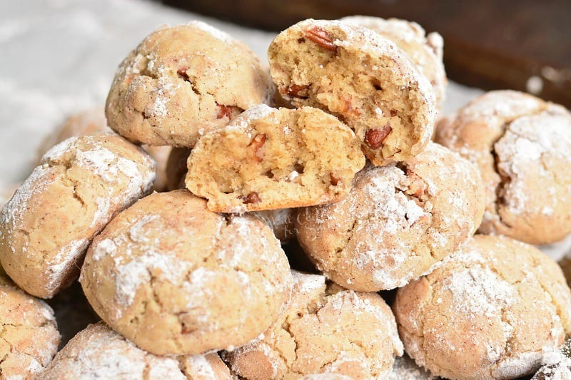 Soft Maple Pecan Cream Cheese Cookies stacked up 