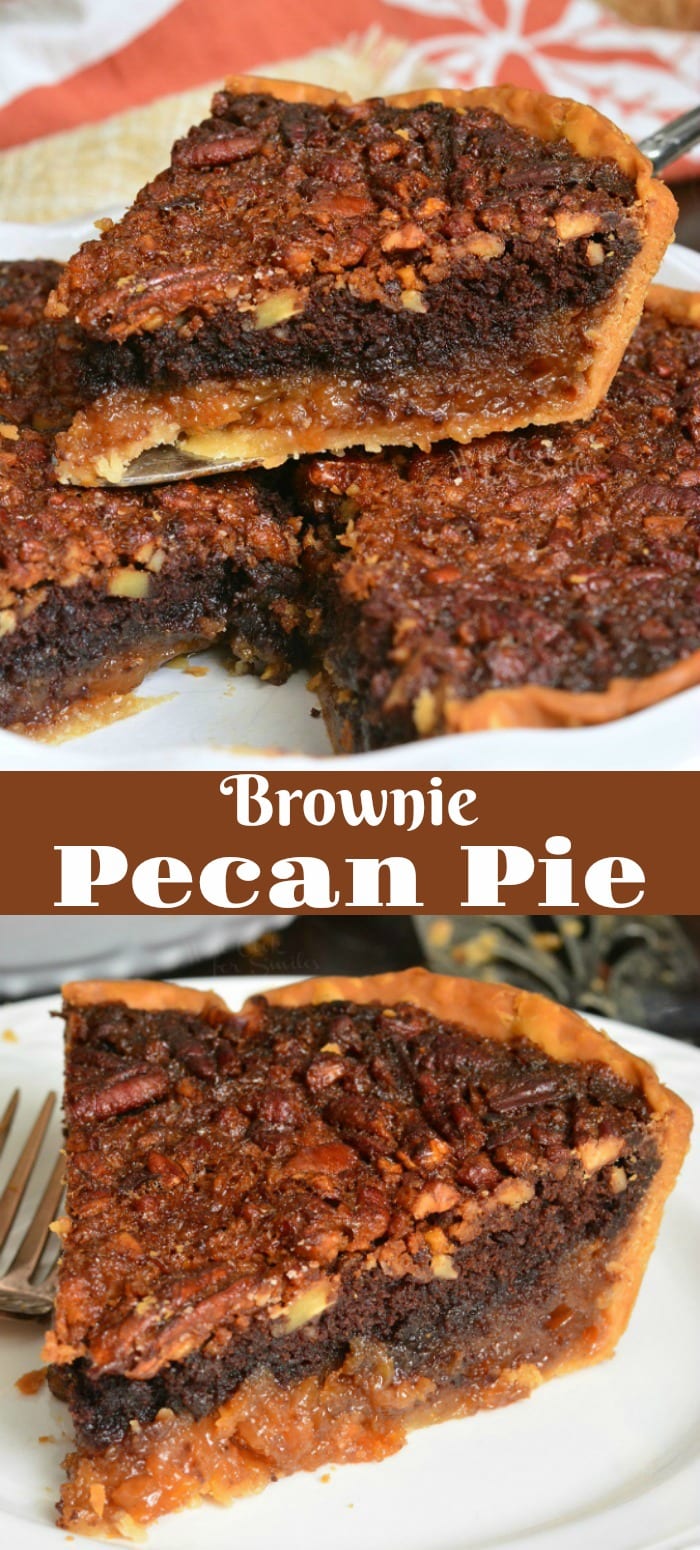 Brownie Pecan Pie with slice coming out and another on a plate collage 