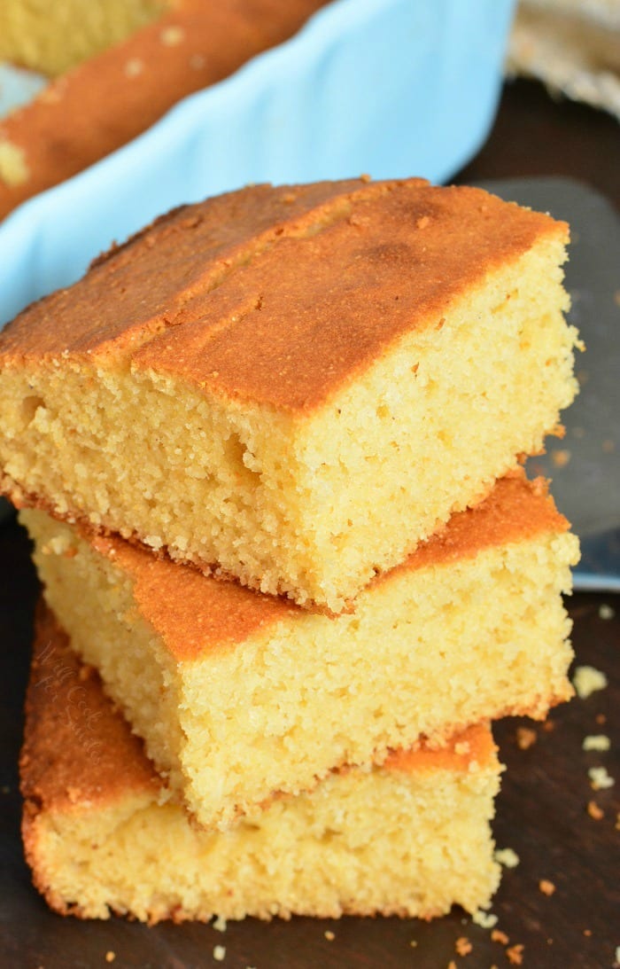 top view of stacked up pieces of cornbread one on top of each other