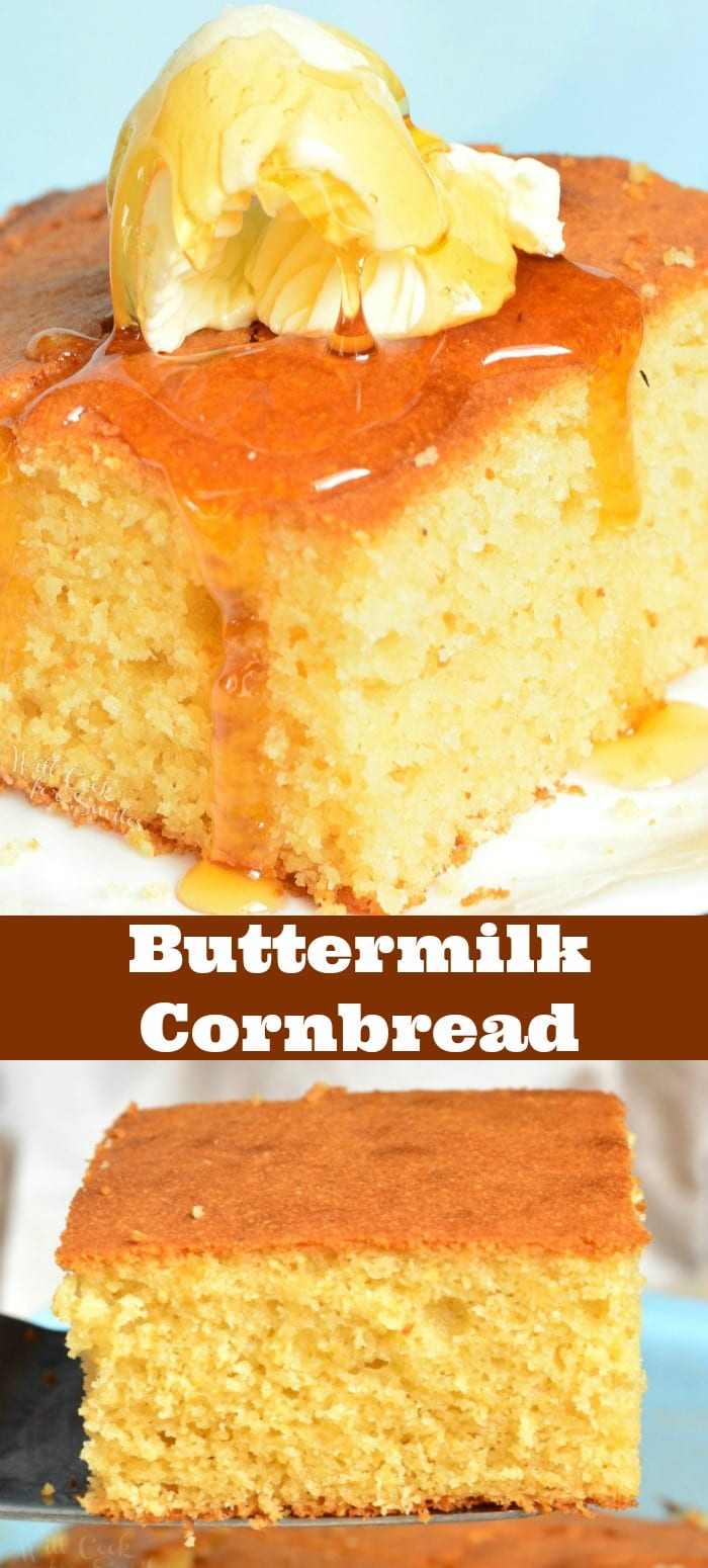 collage top picture Cornbread with butter on top and the bottom is a slice being lifted out of dish 