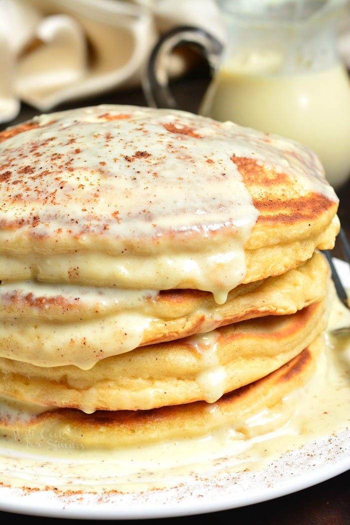 Eggnog Pancakes stacked on a plate 