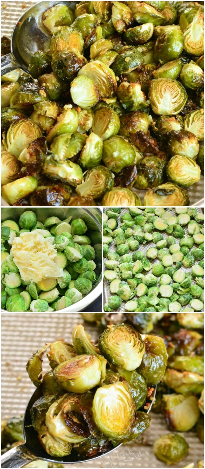 collage of four images of roasted brussels sprouts and process.