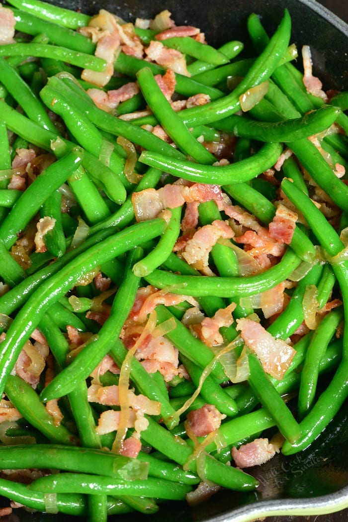 Green Beans with Bacon and Onion in a pan 