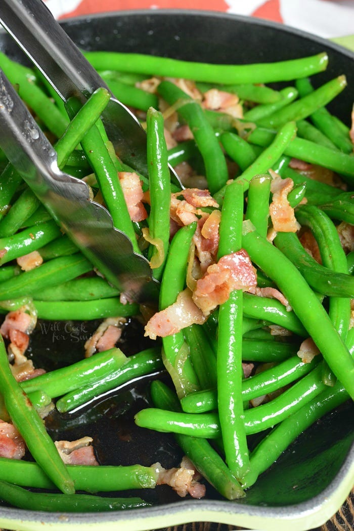 Green Beans with Bacon and Onion in a pan 