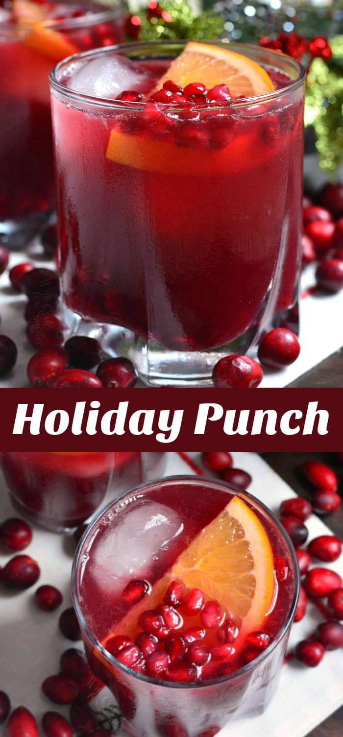 Christmas Punch in a glass with pomegranate and orange slice collage 