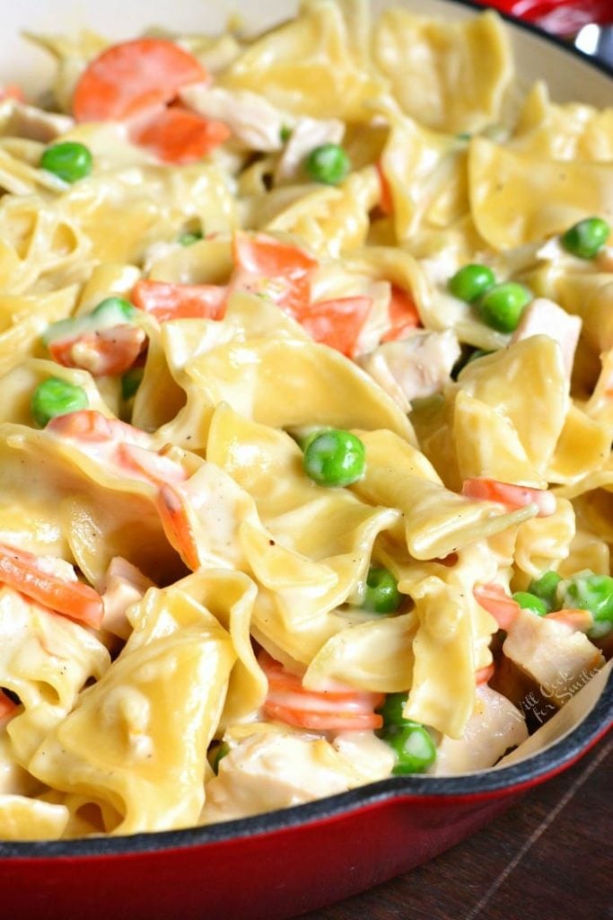 closeup of creamy turkey noodles in red pan.