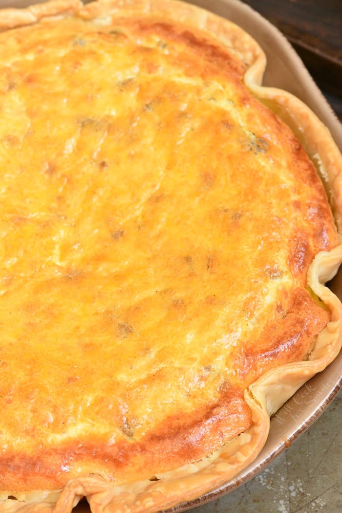 Quiche with Sausage Gravy on a baking dish 