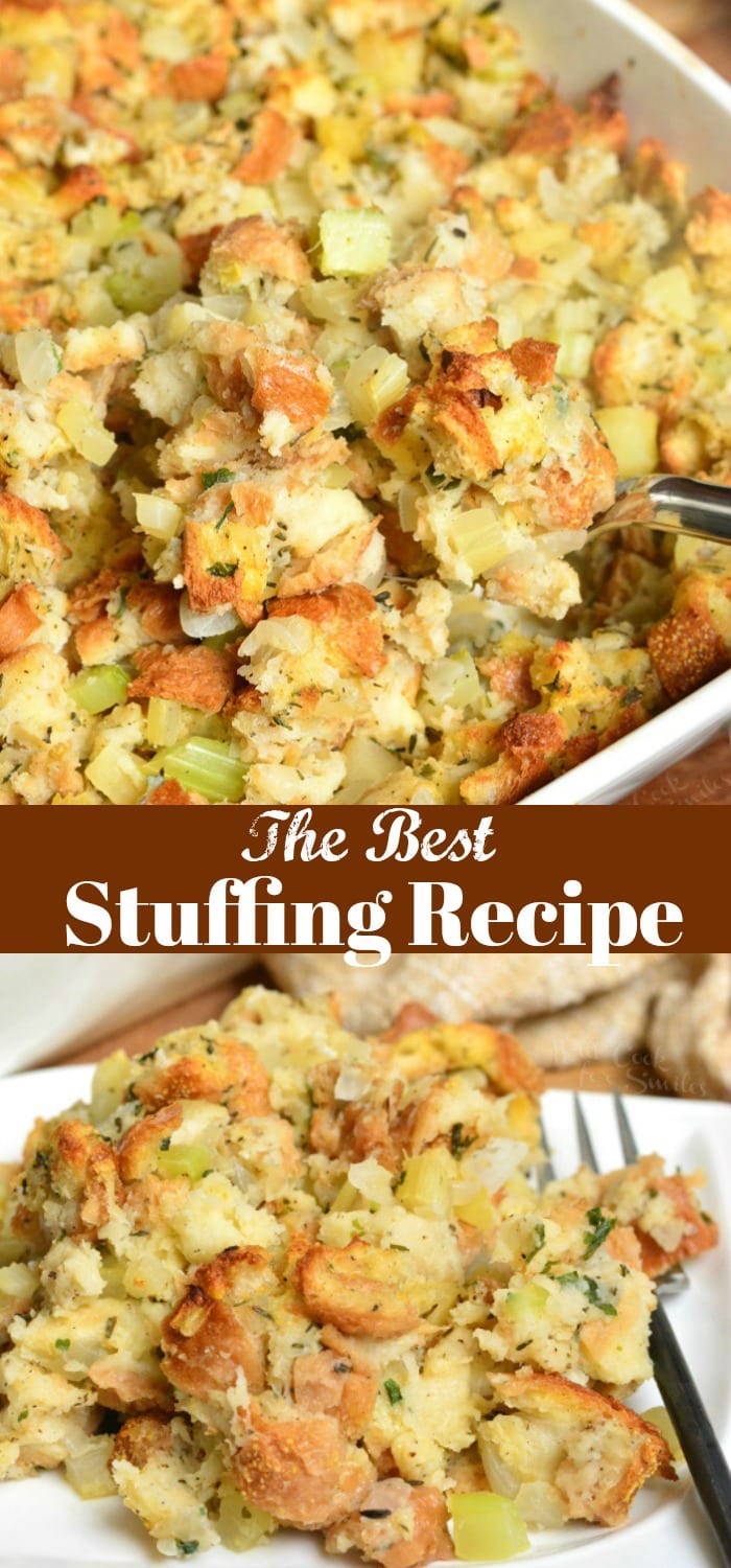 Stuffing Recipe. This stuffing is made with Italian bread, apples, celery, onions, and herbs. #sidedish #stuffing #bread #thanskgiving #dinner #sides