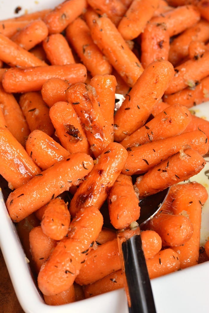 Balsamic Roasted Carrots in a baking pan 