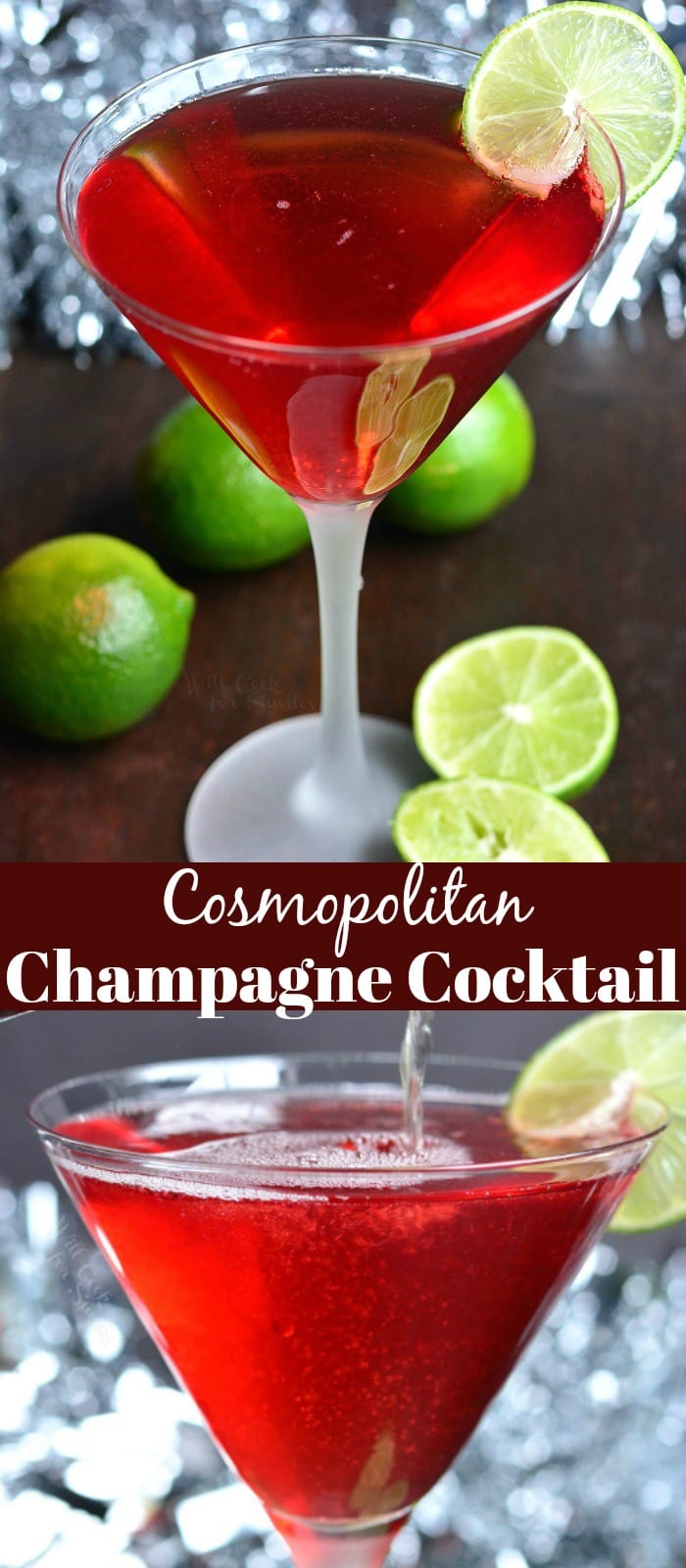 Cosmopolitan cocktail champagne cocktail in a martini glass on a cutting board with limes