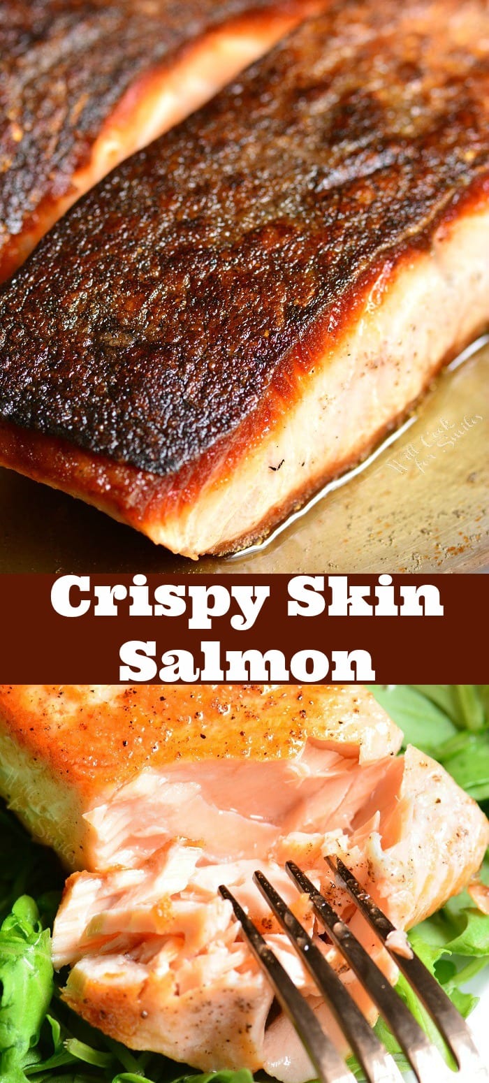 Crispy Skin Salmon in a pan and bottom picture salmon on a bed of lettuce collage 