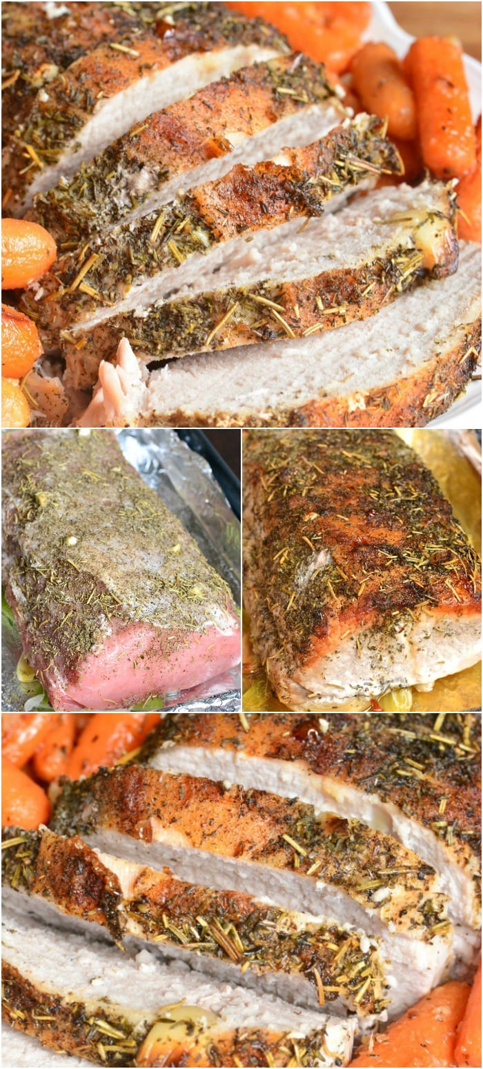collage of flour images of pork loin cooked and uncooked.
