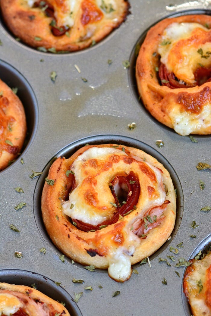 Italian Sub Pinwheels in a muffin pan baked 