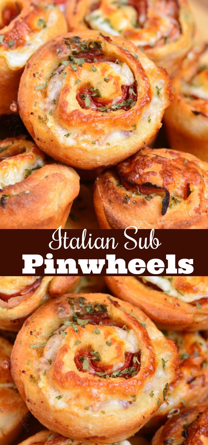 Italian Sub Pinwheels stacked together on a plate collage 