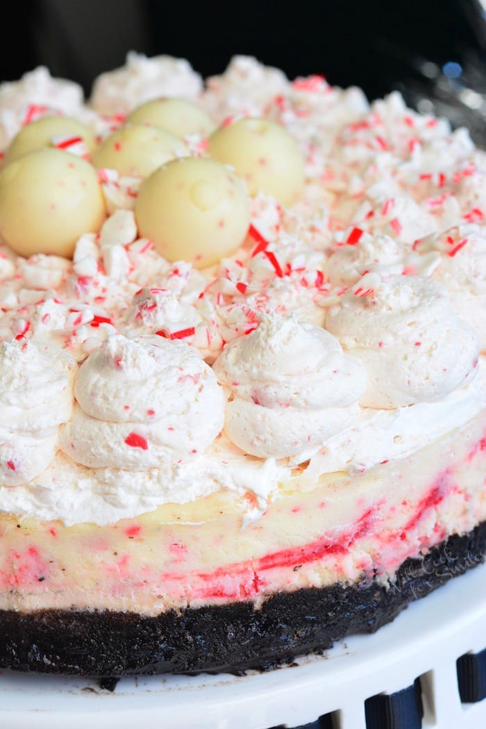 Peppermint Cheesecake on a cake stand 