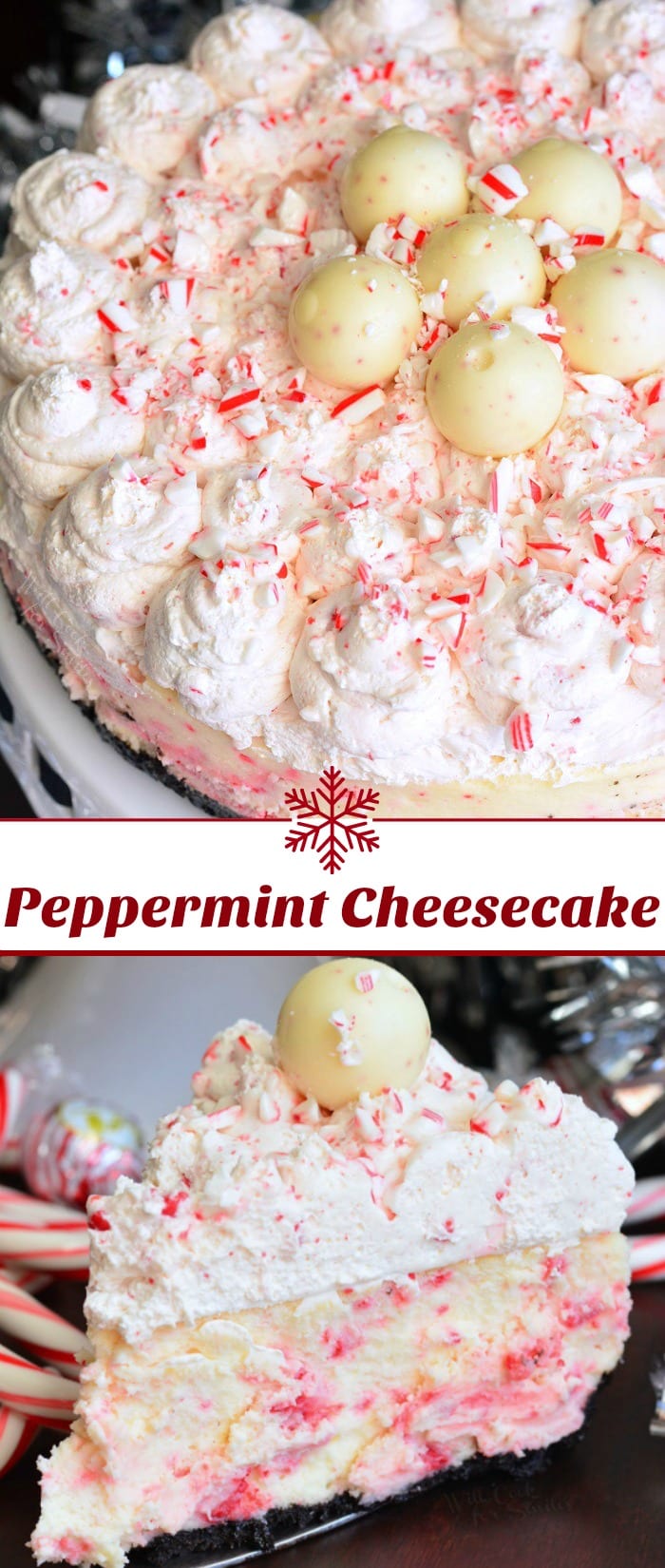 Peppermint Cheesecake collage with a cheesecake slice 
