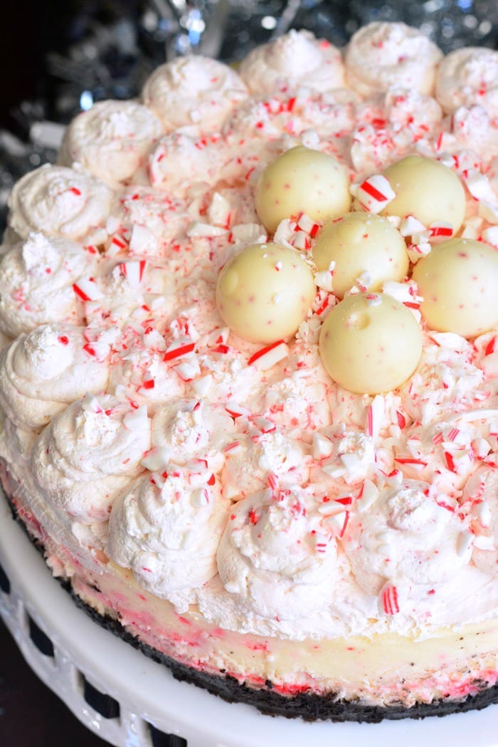 Peppermint Cheesecake on a cake stand 