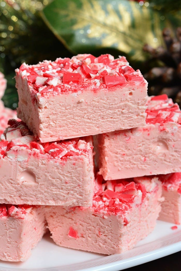 Peppermint White Chocolate Fudge on a plate 