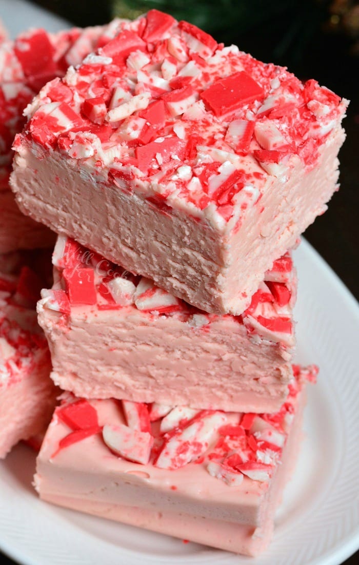 Peppermint White Chocolate Fudge on a plate 